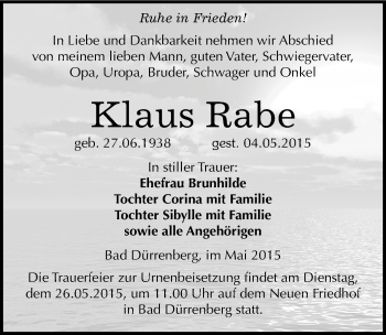 Traueranzeige von Klaus Rabe von Mitteldeutsche Zeitung Merseburg/Querfurt