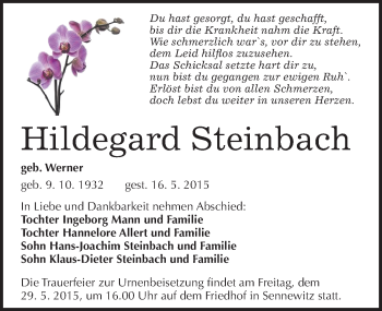 Traueranzeige von Hildegard Steinbach von Mitteldeutsche Zeitung Halle/Saalkreis