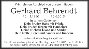Traueranzeige von Gerhard Behrendt von Super Sonntag Wittenberg