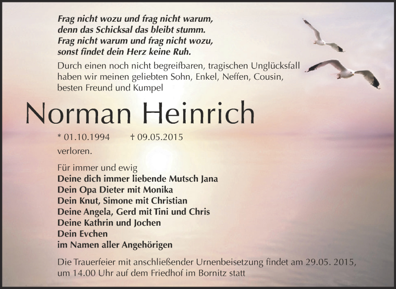  Traueranzeige für Norman Heinrich vom 17.05.2015 aus Super Sonntag Zeitz