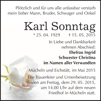 Traueranzeige von Karl Sonntag von WVG - Wochenspiegel Merseburg
