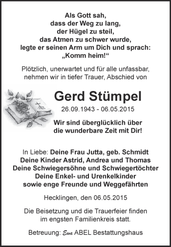 Traueranzeige von Gerd Stümpel von Super Sonntag