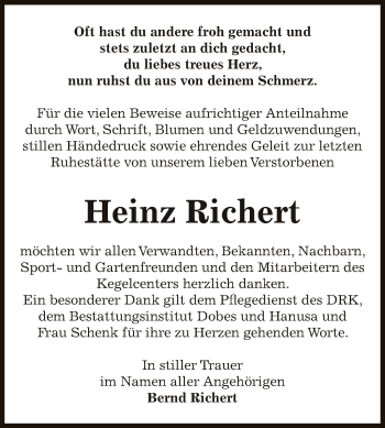 Traueranzeige von Heinz Richert von Super Sonntag Bernburg