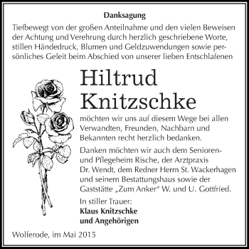 Traueranzeige von Hiltrud Knitzschke von Wochenspiegel Mansfelder Land
