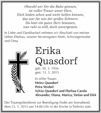 Traueranzeige von Erika Quasdorf von WVG - Wochenspiegel Merseburg