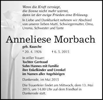 Traueranzeige von Anneliese Morbach von Mitteldeutsche Zeitung Quedlinburg