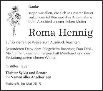 Traueranzeige von Roma Hennig von WVG - Wochenspiegel Bitterfeld