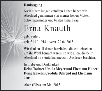 Traueranzeige von Erna Knauth von WVG - Wochenspiegel Dessau / Köthen