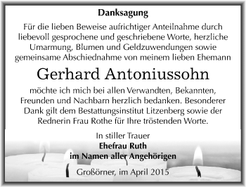 Traueranzeige von Gerhard Antoniussohn von Mitteldeutsche Zeitung Mansfelder Land