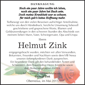 Traueranzeige von Helmut Zink von WVG - Wochenspiegel NMB / WSF / ZTZ
