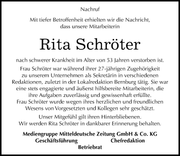 Traueranzeige von Rita Schröter von Mitteldeutsche Zeitung