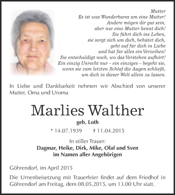 Traueranzeige von Marlies Walther von WVG - Wochenspiegel Merseburg