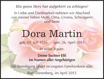 Traueranzeige von Dora Martin von Mitteldeutsche Zeitung Merseburg/Querfurt