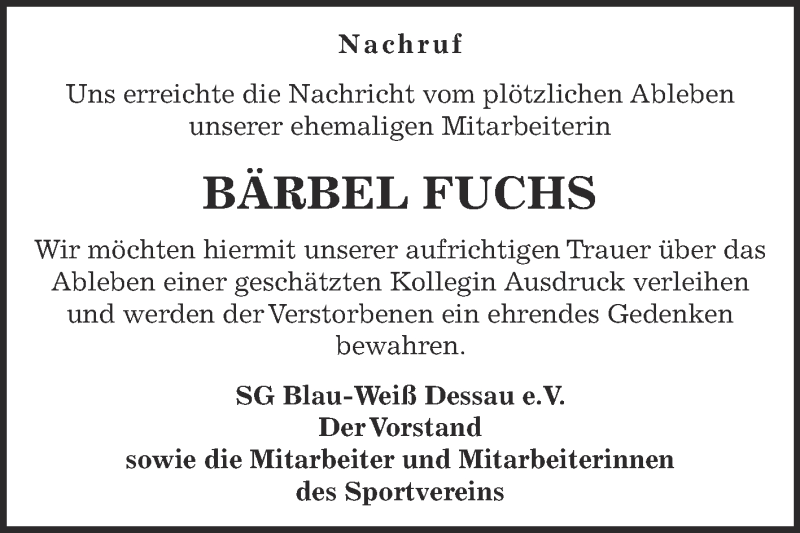  Traueranzeige für Bärbel Fuchs vom 24.05.2015 aus Super Sonntag Dessau / Köthen