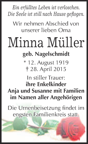 Traueranzeige von Minna Müller von WVG - Wochenspiegel NMB / WSF / ZTZ