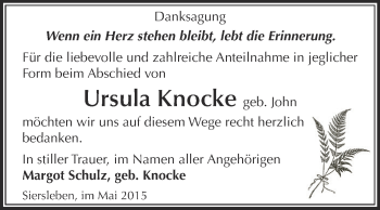 Traueranzeige von Ursula Knocke von Wochenspiegel Mansfelder Land