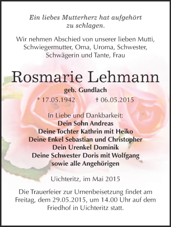Traueranzeige von Rosmarie Lehmann von WVG - Wochenspiegel NMB / WSF / ZTZ