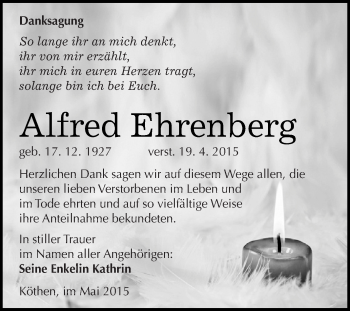 Traueranzeige von Alfred Ehrenberg von WVG - Wochenspiegel Dessau / Köthen