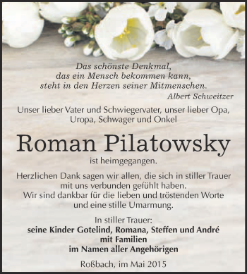 Traueranzeige von Roman Pilatowsky von WVG - Wochenspiegel Merseburg