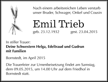 Traueranzeige von Emil Trieb von Mitteldeutsche Zeitung Mansfelder Land