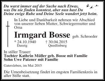 Traueranzeige von Irmgard Bosse von Super Sonntag Aschersleben