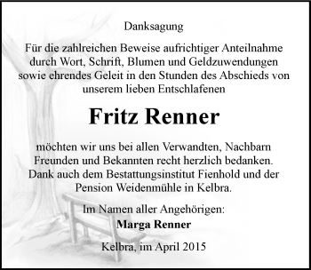 Traueranzeige von Fritz Renner von Mitteldeutsche Zeitung Sangerhausen