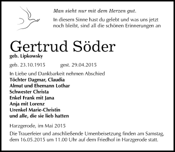 Traueranzeige von Gertrud Söder von Mitteldeutsche Zeitung Quedlinburg