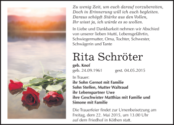 Traueranzeige von Rita Schröter von Mitteldeutsche Zeitung Köthen