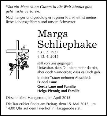 Traueranzeige von Marga Schliephake von Mitteldeutsche Zeitung Quedlinburg
