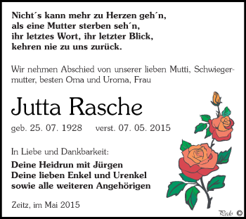 Traueranzeige von Jutta Rasche von Super Sonntag Zeitz