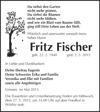 Traueranzeige von Fritz Fischer von WVG - Wochenspiegel Wittenberg