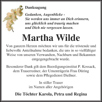 Traueranzeige von Martha Wilde von WVG - Wochenspiegel Dessau / Köthen