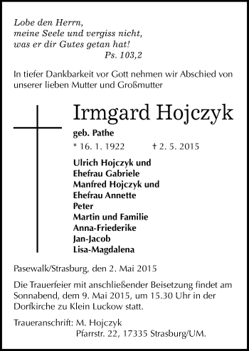 Traueranzeige von Irmgard Hojczyk von Mitteldeutsche Zeitung Wittenberg