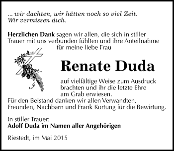 Traueranzeige von Renate Duda von Mitteldeutsche Zeitung Sangerhausen