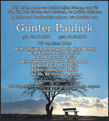 Traueranzeige von Günter Paulik von WVG - Wochenspiegel Wittenberg
