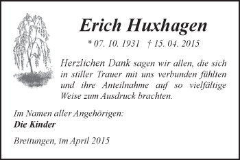 Traueranzeige von Erich Huxhagen von WVG - Wochenspiegel SGH
