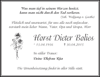 Traueranzeige von Horst Dieter Bolies von WVG - Wochenspiegel NMB / WSF / ZTZ
