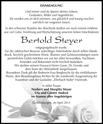 Traueranzeige von Bertold Steyer von Mitteldeutsche Zeitung Sangerhausen