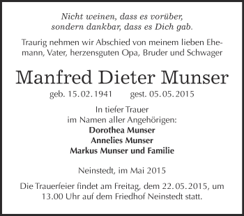 Traueranzeige von Manfred Dieter Munser von Super Sonntag Quedlinburg