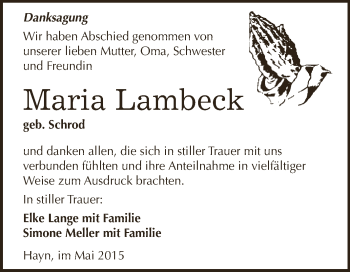 Traueranzeige von Maria Lambeck von Super Sonntag SGH Mansf. Land