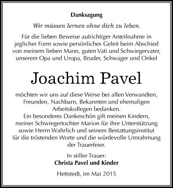 Traueranzeige von Joachim Pavel von Mitteldeutsche Zeitung Mansfelder Land