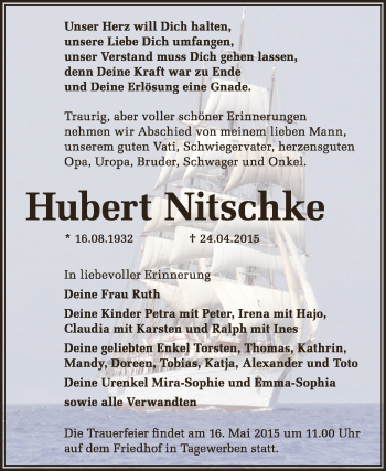 Traueranzeige von Hubert Nitschke von Super Sonntag Aschersleben