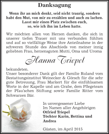 Traueranzeige von Hanna Triepel von Super Sonntag Bernburg
