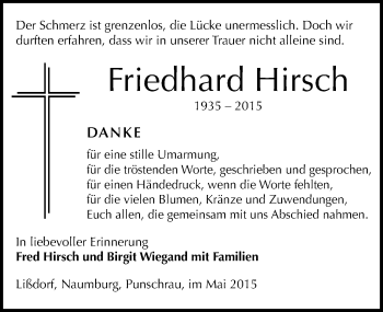 Traueranzeige von Friedhard Hirsch von Mitteldeutsche Zeitung Naumburg/Nebra