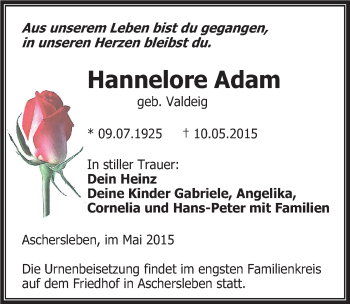 Traueranzeige von Hannelore Adam von Mitteldeutsche Zeitung Aschersleben