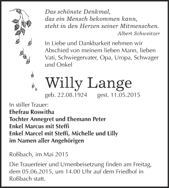 Traueranzeige von Willy Lange von WVG - Wochenspiegel Merseburg