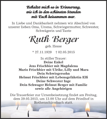 Traueranzeige von Ruth Berger von Wochenspiegel Mansfelder Land
