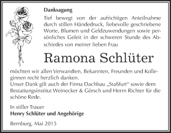 Traueranzeige von Ramona Schlüter von Super Sonntag Aschersleben