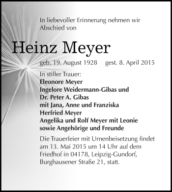 Traueranzeige von Heinz Meyer von Wochenspiegel Mansfelder Land