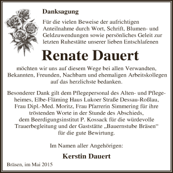 Traueranzeige von Renate Dauert von WVG - Wochenspiegel Dessau / Köthen